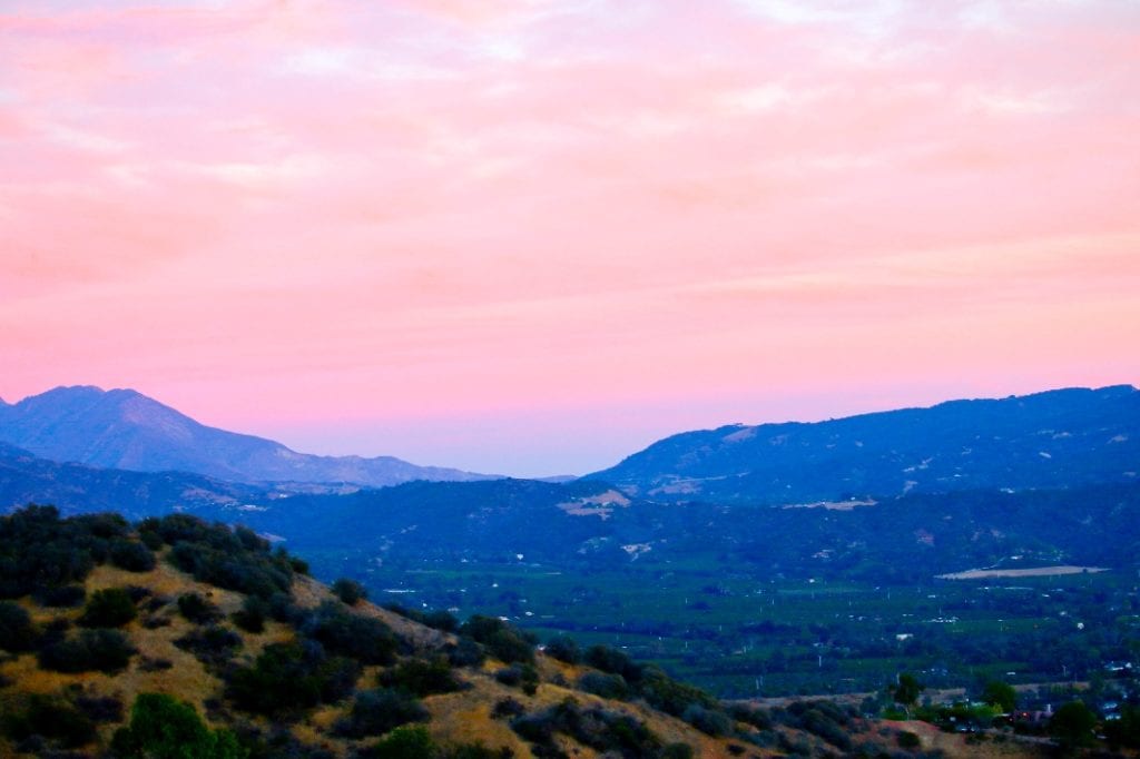 Pink skies over a mountain range in Ojai, CA