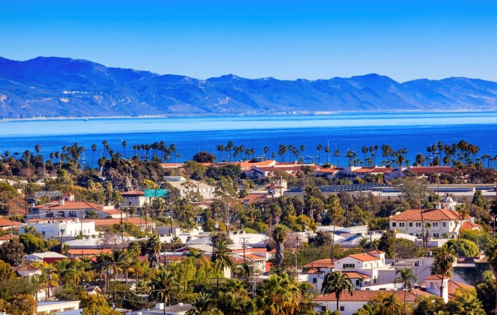 Neighborhood in Santa Barbara, CA aerial view with mountain range view